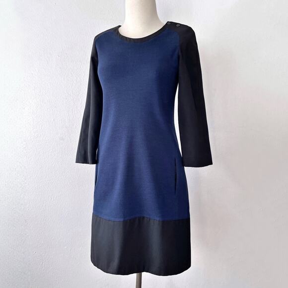 Sandro Paris Wool Blend Shift Midi Dress Size 2 Navy Blue Black 3/4 Sleeves - Picture 1 of 8